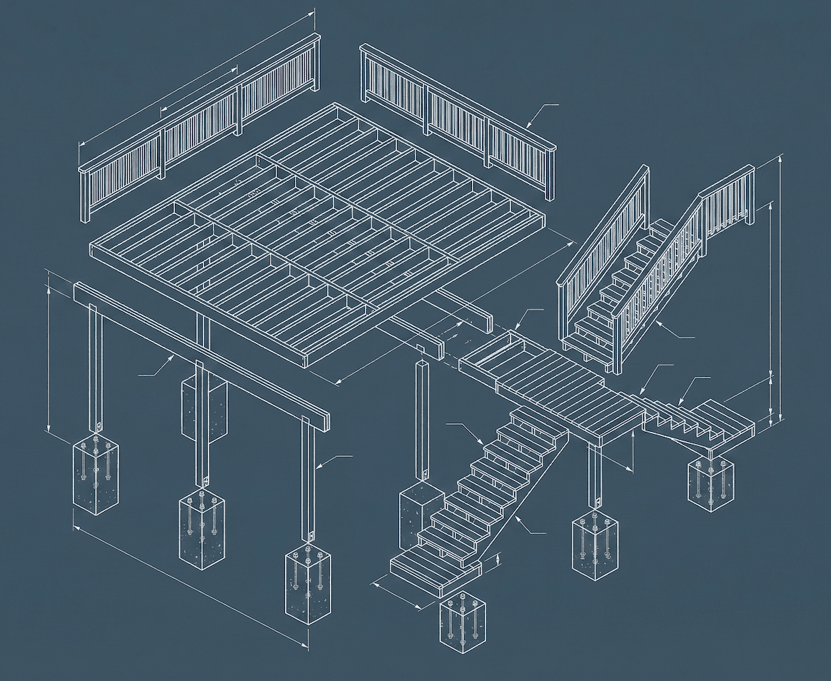 Deck Contractor Skill Pack — exploded structural model view